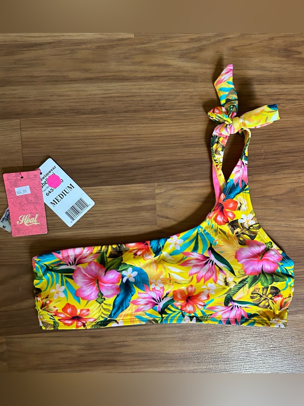 NWT Heat Swimwear Shell Lei Tropical One-Shoulder Bikini Top - Yellow Floral